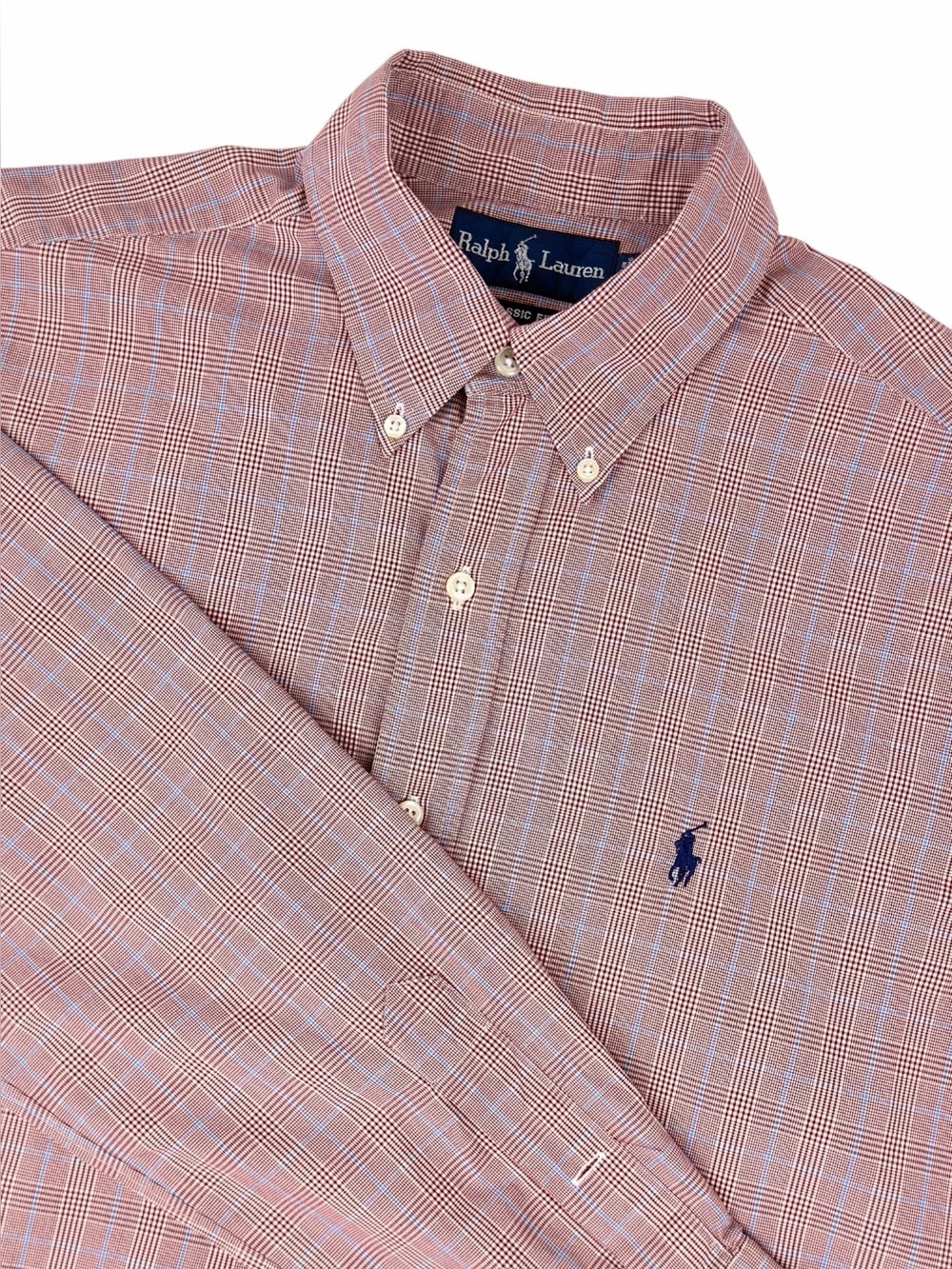 Ralph Lauren Men’s 15.5 M Classic Fit Glen Plaid Button Down Shirt Maroon Blue
